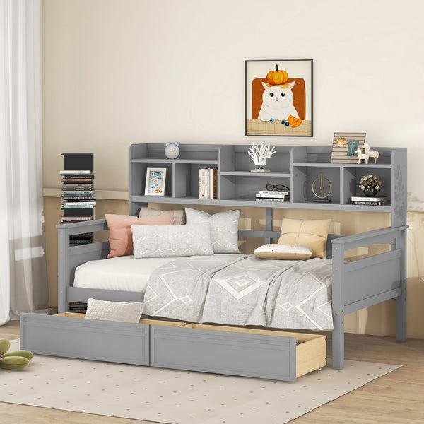 English Elm Twin Daybed with Under Bed Drawers and Built in Shelf Solid Pine Wood Frame Gray N708P245183E