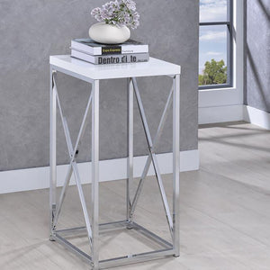 English Elm Glossy White Oval Accent Table with Chrome Frame, Sleek Modern Nightstand, Lightweight 33 lb Limit B062P145497