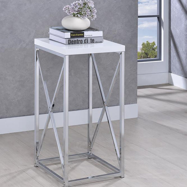 English Elm Glossy White Oval Accent Table with Chrome Frame, Sleek Modern Nightstand, Lightweight 33 lb Limit B062P145497