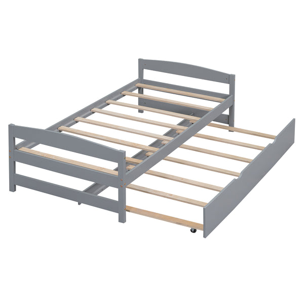 English Elm Twin Platform Bed with Trundle for Space-Saving Guest Sleepovers Durable Pine-MDF Twin Frame Gray WF313279AAE