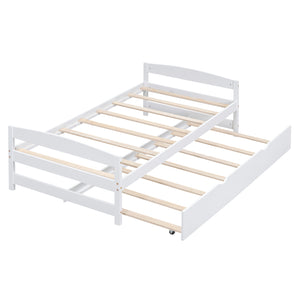 English Elm Twin Platform Bed with Trundle for Space-Saving Guest Sleepovers Durable Pine-MDF Twin Frame White WF313279AAK