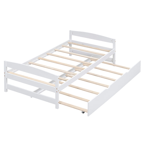 English Elm Twin Platform Bed with Trundle for Space-Saving Guest Sleepovers Durable Pine-MDF Twin Frame White WF313279AAK