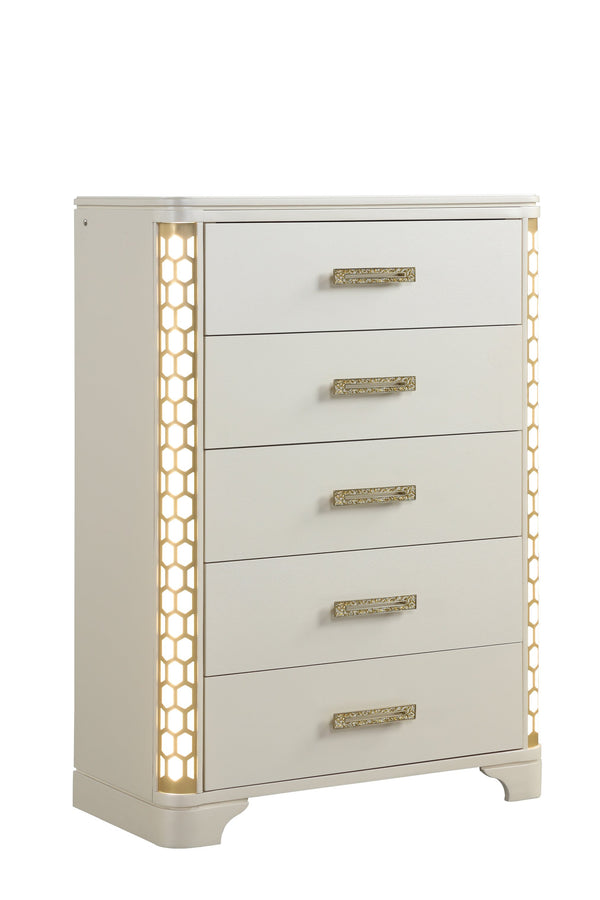 English Elm Jasmine 5-Drawer Chest with Built-In Side LED Lighting, Gold Accents, Solid & Manufactured Wood Elegance 659436285736