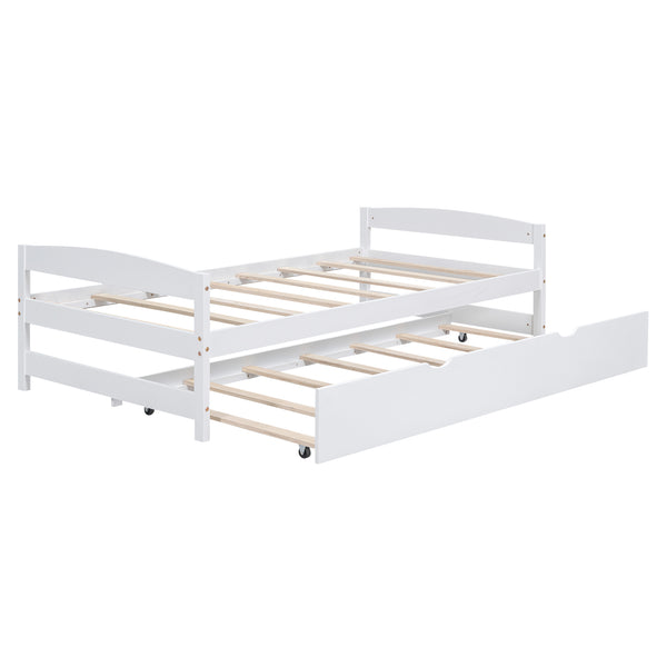 English Elm Twin Platform Bed with Trundle for Space-Saving Guest Sleepovers Durable Pine-MDF Twin Frame White WF313279AAK