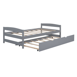 English Elm Twin Platform Bed with Trundle for Space-Saving Guest Sleepovers Durable Pine-MDF Twin Frame Gray WF313279AAE
