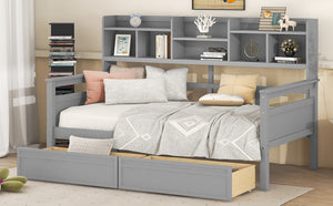 English Elm Twin Daybed with Under Bed Drawers and Built in Shelf Solid Pine Wood Frame Gray N708P245183E