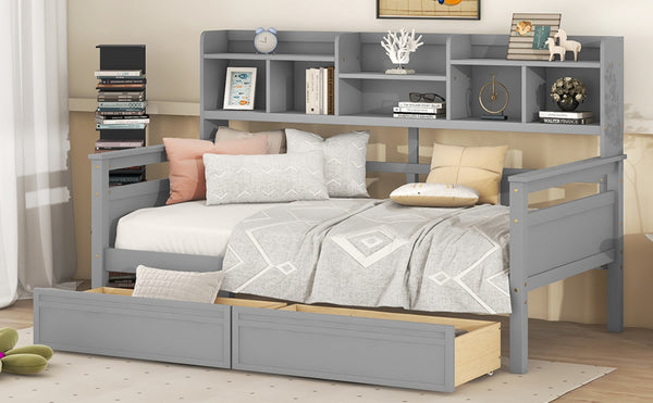 English Elm Twin Daybed with Under Bed Drawers and Built in Shelf Solid Pine Wood Frame Gray N708P245183E