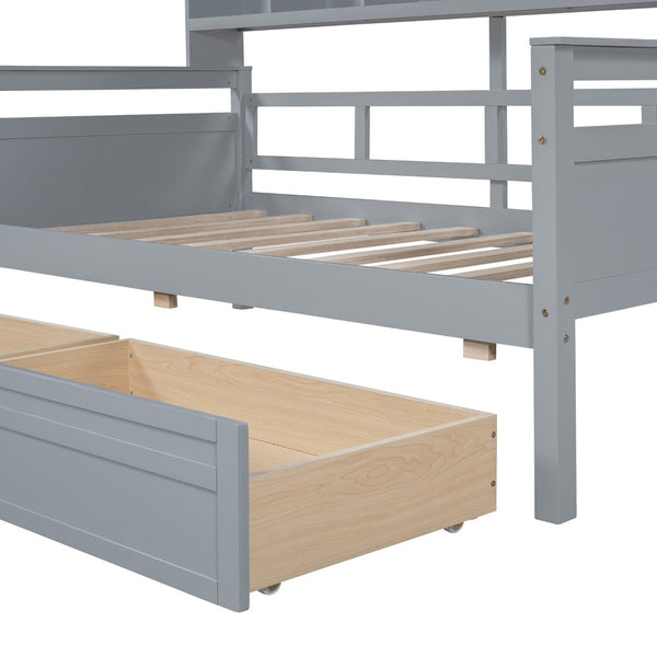 English Elm Twin Daybed with Under Bed Drawers and Built in Shelf Solid Pine Wood Frame Gray N708P245183E