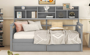 English Elm Twin Daybed with Under Bed Drawers and Built in Shelf Solid Pine Wood Frame Gray N708P245183E