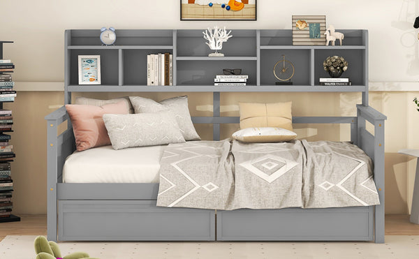 English Elm Twin Daybed with Under Bed Drawers and Built in Shelf Solid Pine Wood Frame Gray N708P245183E