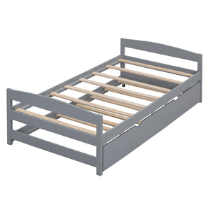 English Elm Twin Platform Bed with Trundle for Space-Saving Guest Sleepovers Durable Pine-MDF Twin Frame Gray WF313279AAE