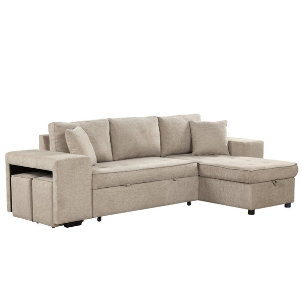 English Elm 104.5" Reversible L-shaped Sectional Sleeper Sofa with Storage Chaise and Linen Chenille Fabric Cream SG000432AAA