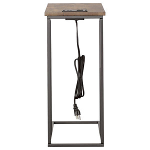 English Elm Gunmetal Rustic C-Shape Snack Table in Antique Brown with Power Outlet and Dual USB Charging Ports B062P145499