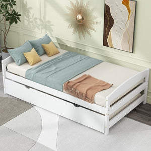 English Elm Twin Platform Bed with Trundle for Space-Saving Guest Sleepovers Durable Pine-MDF Twin Frame White WF313279AAK