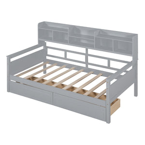English Elm Twin Daybed with Under Bed Drawers and Built in Shelf Solid Pine Wood Frame Gray N708P245183E