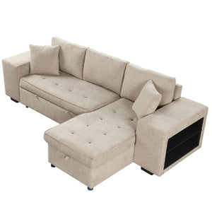 English Elm 104.5" Reversible L-shaped Sectional Sleeper Sofa with Storage Chaise and Linen Chenille Fabric Cream SG000432AAA