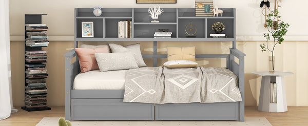 English Elm Twin Daybed with Under Bed Drawers and Built in Shelf Solid Pine Wood Frame Gray N708P245183E