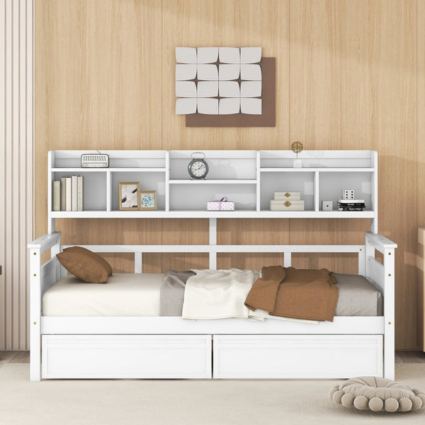 English Elm Twin Daybed with Under Bed Drawers and Built in Shelf Solid Pine Wood Frame N708P245183K