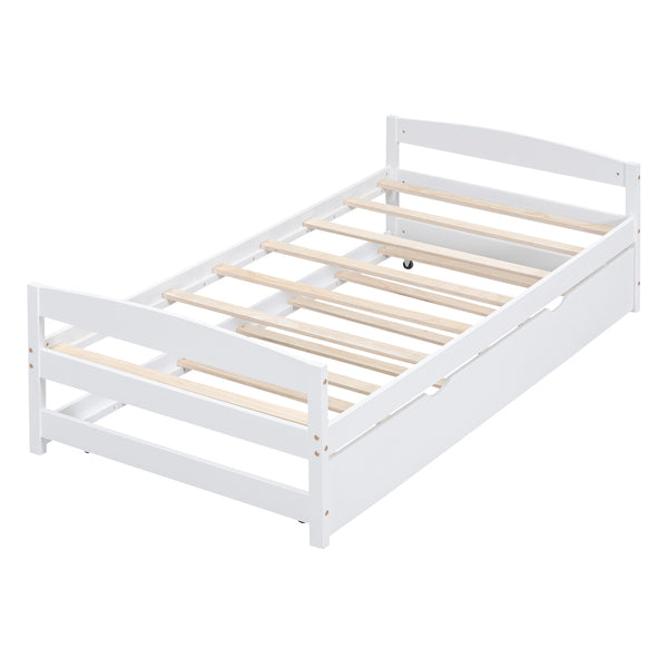 English Elm Twin Platform Bed with Trundle for Space-Saving Guest Sleepovers Durable Pine-MDF Twin Frame White WF313279AAK