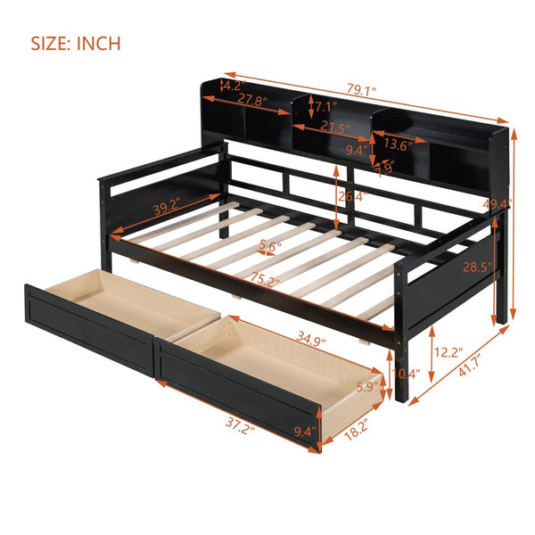 English Elm Twin Daybed with Under Bed Drawers and Built in Shelf Solid Pine Wood Frame Espresso N708P245183P