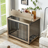 English Elm Furniture Style Dog Crate Side Table With Feeding Bowl, Wheels, Three Doors, Flip-Up Top Opening. Indoor, Grey, 43.7"W X 30"D X 33.7"H