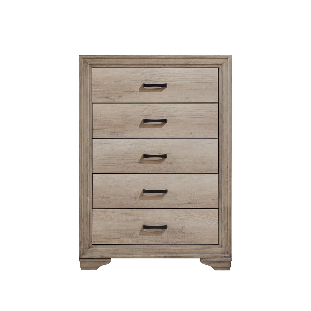 English Elm 1pc Natural Finish Chest of 5 Drawers with Black Hardware, Rustic Contemporary Bedroom Storage B011P146006