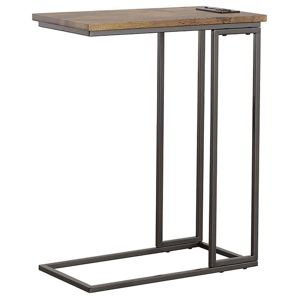 English Elm Gunmetal Rustic C-Shape Snack Table in Antique Brown with Power Outlet and Dual USB Charging Ports B062P145499