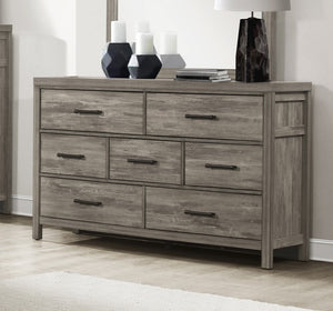 English Elm Rustic Bainbridge 7-Drawer Dresser in Weathered Gray Melamine Finish with Black Metal Bar Pulls, 58.5" B011P146008