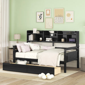 English Elm Twin Daybed with Under Bed Drawers and Built in Shelf Solid Pine Wood Frame Espresso N708P245183P