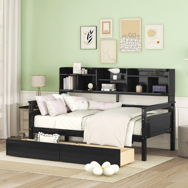 English Elm Twin Daybed with Under Bed Drawers and Built in Shelf Solid Pine Wood Frame Espresso N708P245183P