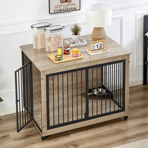 English Elm Furniture Style Dog Crate Side Table With Rotatable Feeding Bowl, Wheels, Three Doors, Flip-Up Top Opening. Indoor, Grey, 43.7"W X 30"D X 33.7"H