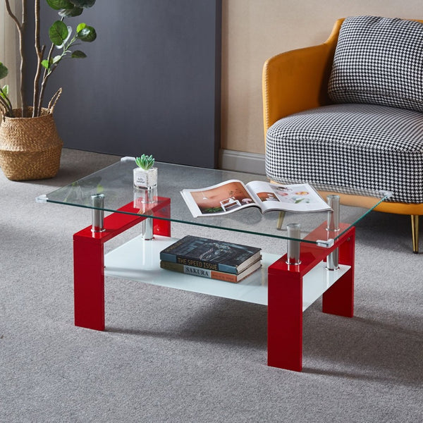 English Elm Artisan Two Tier Tempered Glass Coffee Table Modern Living Room Storage Design W1311P146022