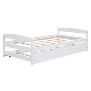 English Elm Twin Platform Bed with Trundle for Space-Saving Guest Sleepovers Durable Pine-MDF Twin Frame White WF313279AAK
