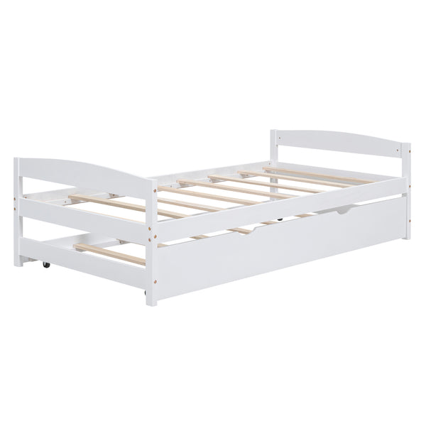 English Elm Twin Platform Bed with Trundle for Space-Saving Guest Sleepovers Durable Pine-MDF Twin Frame White WF313279AAK