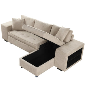 English Elm 104.5" Reversible L-shaped Sectional Sleeper Sofa with Storage Chaise and Linen Chenille Fabric Cream SG000432AAA