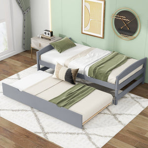 English Elm Twin Platform Bed with Trundle for Space-Saving Guest Sleepovers Durable Pine-MDF Twin Frame Gray WF313279AAE