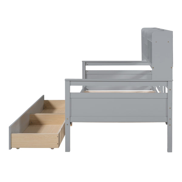 English Elm Twin Daybed with Under Bed Drawers and Built in Shelf Solid Pine Wood Frame Gray N708P245183E