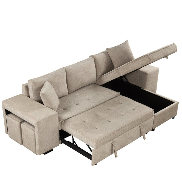 English Elm 104.5" Reversible L-shaped Sectional Sleeper Sofa with Storage Chaise and Linen Chenille Fabric Cream SG000432AAA