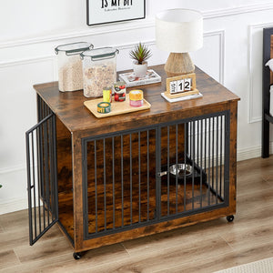 English Elm Furniture Style Dog Crate Side Table With Rotatable Feeding Bowl, Wheels, Three Doors, Flip-Up Top Opening. Indoor, Rustic Brown, 43.7"W X 30"D X 33.7"H