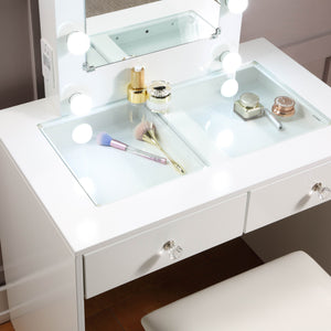 English Elm White Makeup Vanity with 10 LED Lights, USB & Power Outlet, Stool, 2 Drawers, Modern Luxurious Makeup Station B011P146014
