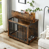 English Elm Furniture Style Dog Crate Side Table With Feeding Bowl, Wheels, Three Doors, Flip-Up Top Opening. Indoor, Rustic Brown, 38.58"W X 25.2"D X 27.17"H