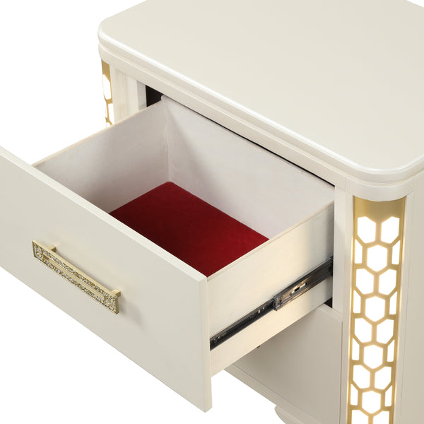 English Elm Jasmine Elegant 2-Drawer Nightstand with Corner LED Lights, Gold Pulls, Beige Wood Finish, 18x27x26.5" G150109065
