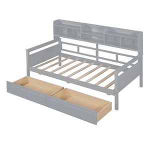 English Elm Twin Daybed with Under Bed Drawers and Built in Shelf Solid Pine Wood Frame Gray N708P245183E