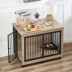 English Elm Furniture Style Dog Crate Side Table With Rotatable Feeding Bowl, Wheels, Three Doors, Flip-Up Top Opening. Indoor, Grey, 38.58"W X 25.2"D X 27.17"H