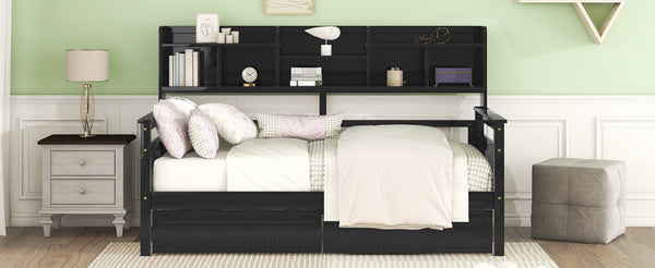 English Elm Twin Daybed with Under Bed Drawers and Built in Shelf Solid Pine Wood Frame Espresso N708P245183P