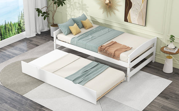 English Elm Twin Platform Bed with Trundle for Space-Saving Guest Sleepovers Durable Pine-MDF Twin Frame White WF313279AAK