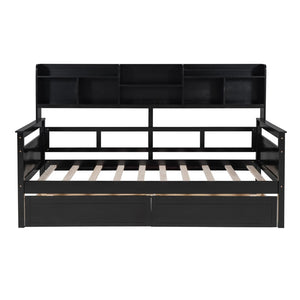 English Elm Twin Daybed with Under Bed Drawers and Built in Shelf Solid Pine Wood Frame Espresso N708P245183P
