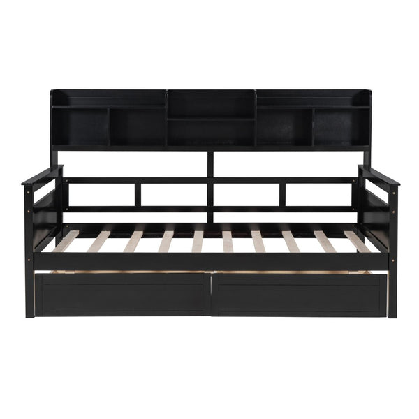 English Elm Twin Daybed with Under Bed Drawers and Built in Shelf Solid Pine Wood Frame Espresso N708P245183P
