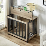 English Elm Furniture Style Dog Crate Side Table With Feeding Bowl, Wheels, Three Doors, Flip-Up Top Opening. Indoor, Grey, 38.58"W X 25.2"D X 27.17"H