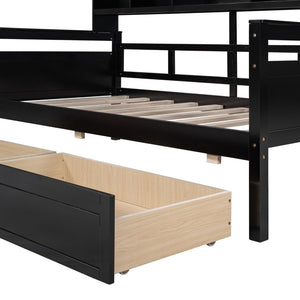 English Elm Twin Daybed with Under Bed Drawers and Built in Shelf Solid Pine Wood Frame Espresso N708P245183P